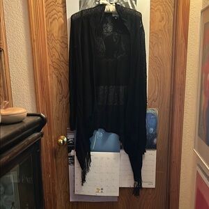 Chico's Black Open-Front  Long sleeved Top with flared flowing fringed hem